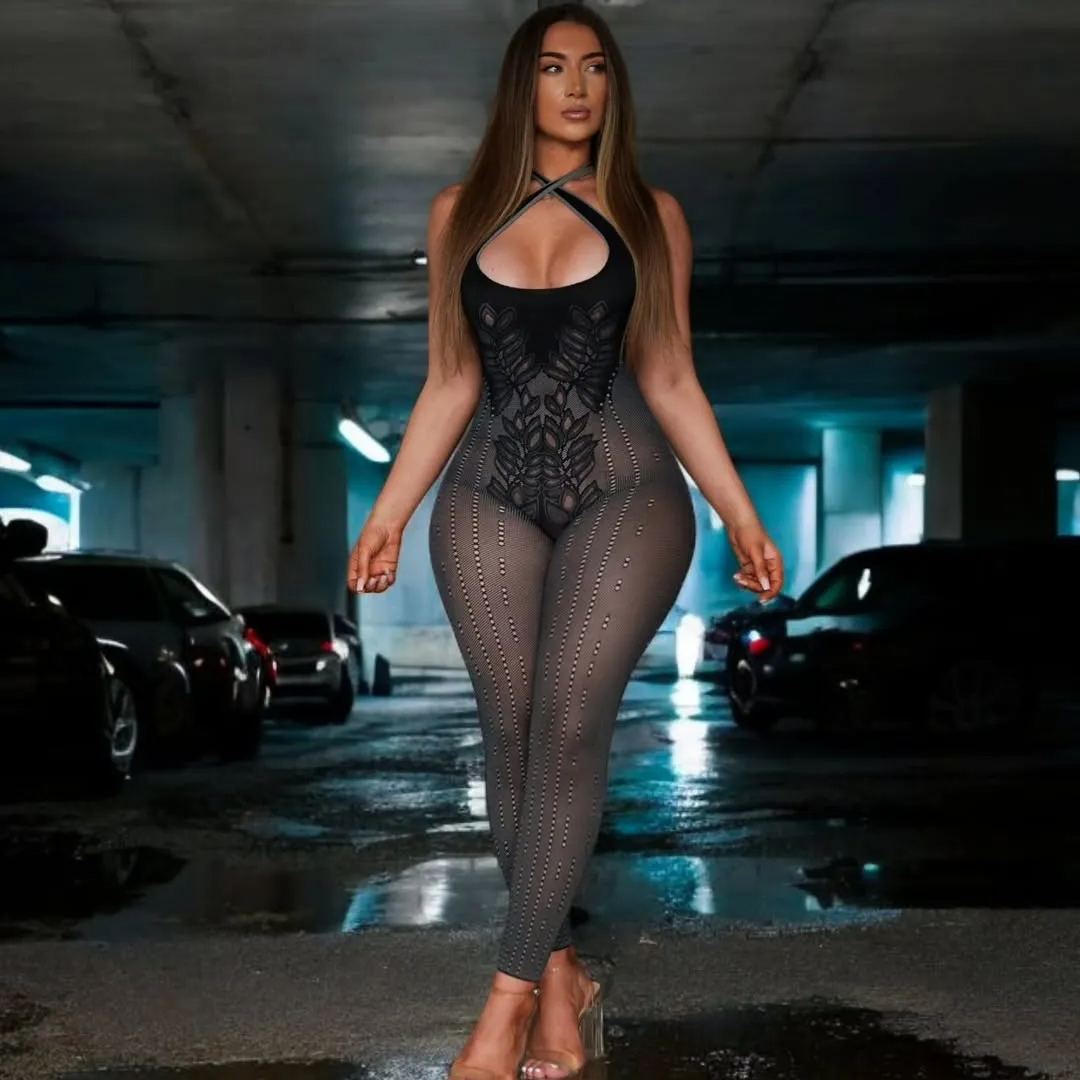 Cross halter neck open back fashionable hollow knitted jumpsuit