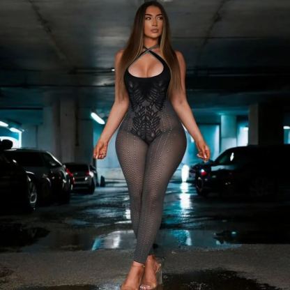 Cross halter neck open back fashionable hollow knitted jumpsuit