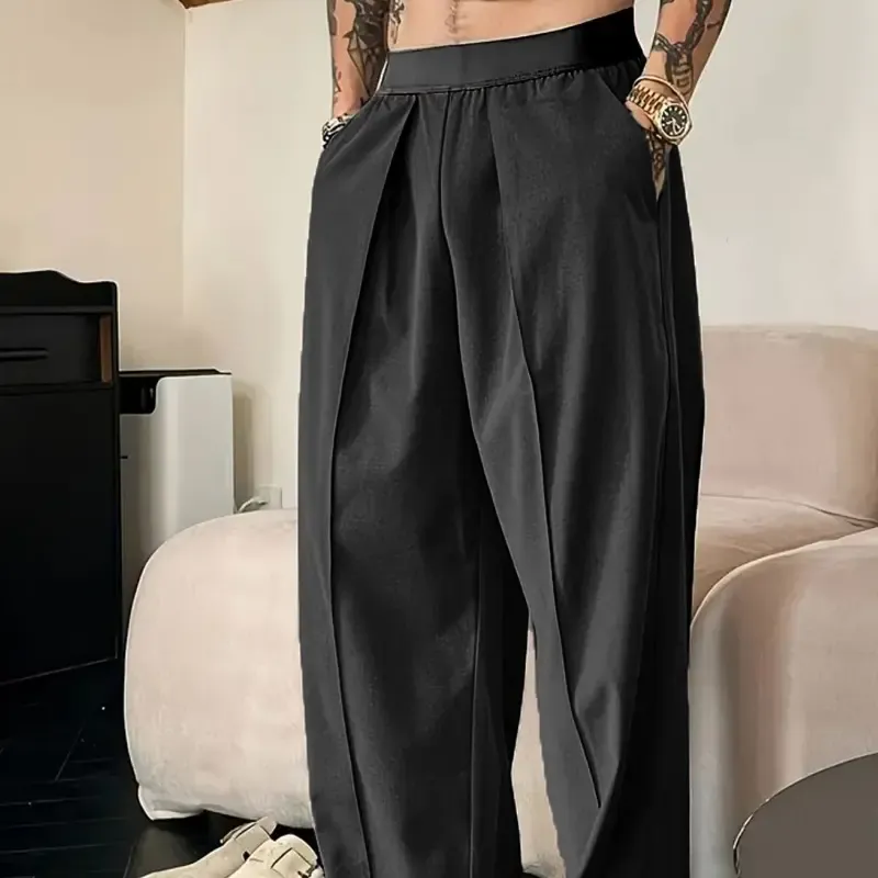 Men's Solid Color Pleated Loose Wide-Leg Dress Pants Relaxed Fit Draped Straight-Leg Trousers with Elastic Waistband & Slant Pockets for Commuting Business Travel All-Season Wear - Formal