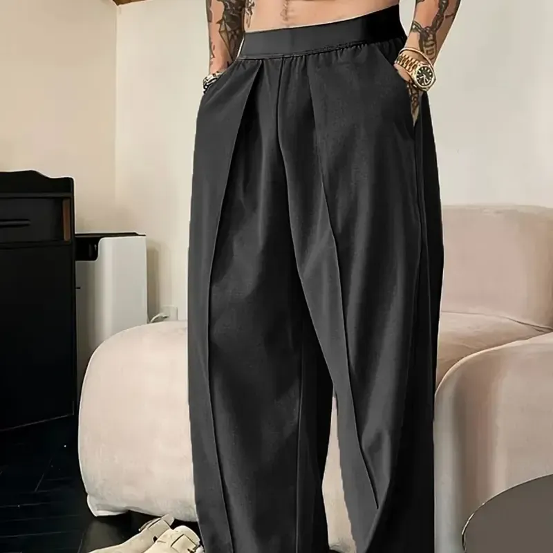 Men's Solid Color Pleated Loose Wide-Leg Dress Pants Relaxed Fit Draped Straight-Leg Trousers with Elastic Waistband & Slant Pockets for Commuting Business Travel All-Season Wear - Formal