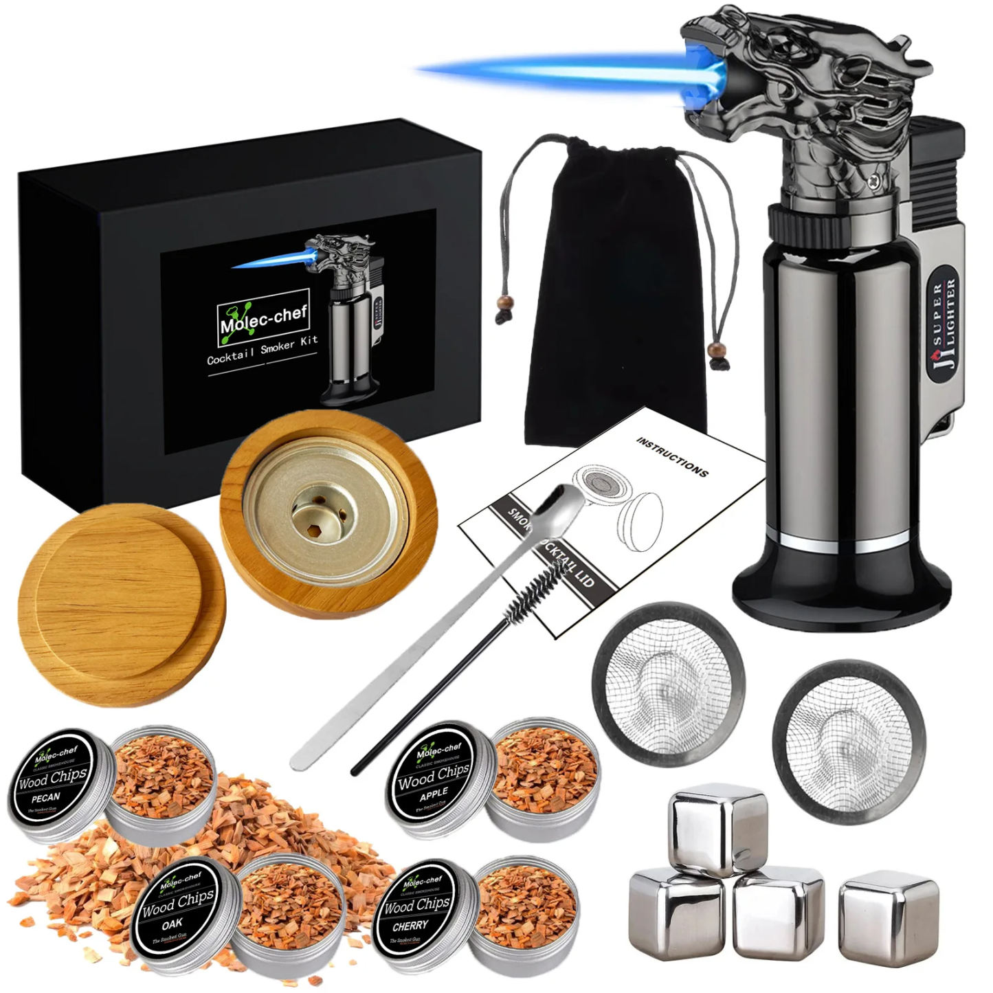 Cocktail Smoker Kit Kitchen Bar Tools 4 Types Smoked Wood Sustainable Flamethrower Party Reception Whiskey Beer Drink Smoker Set-Wildvoy