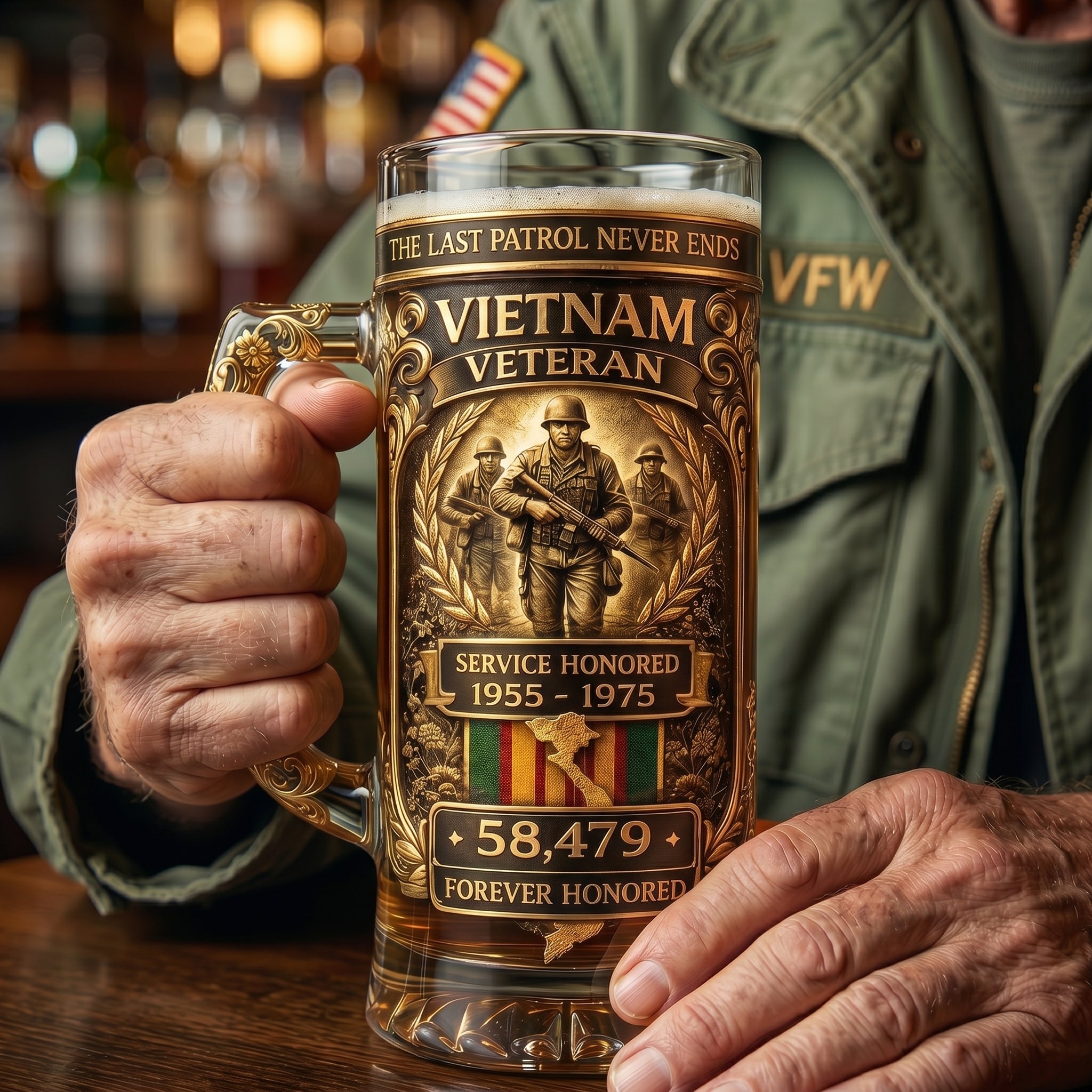 Vietnam Veteran Memorial Beer Mug — Honor the Service · Remember Forever