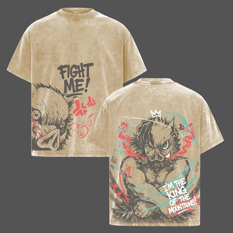 Inosuke Demon Slayer Oversized T-Shirt | “I’m The King of the Mountain” Quote Tee | Vintage Washed Heavy Cotton Graphic Top | Unisex Anime Streetwear