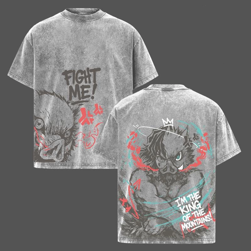 Inosuke Demon Slayer Oversized T-Shirt | “I’m The King of the Mountain” Quote Tee | Vintage Washed Heavy Cotton Graphic Top | Unisex Anime Streetwear