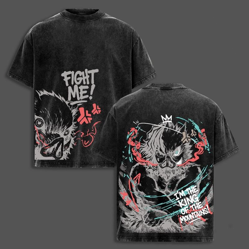 Inosuke Demon Slayer Oversized T-Shirt | “I’m The King of the Mountain” Quote Tee | Vintage Washed Heavy Cotton Graphic Top | Unisex Anime Streetwear