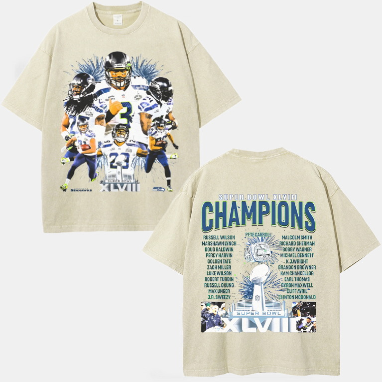 Unisex-Adult Ultra Cotton Washed T-Shirt Graphic SUPER BOWL XLVIII CHAMPS - SEAHAWKS TEE