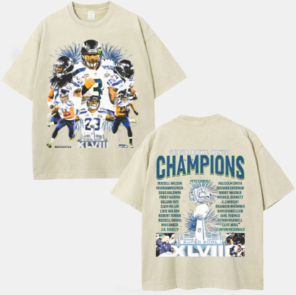 Unisex-Adult Ultra Cotton Washed T-Shirt Graphic SUPER BOWL XLVIII CHAMPS - SEAHAWKS TEE
