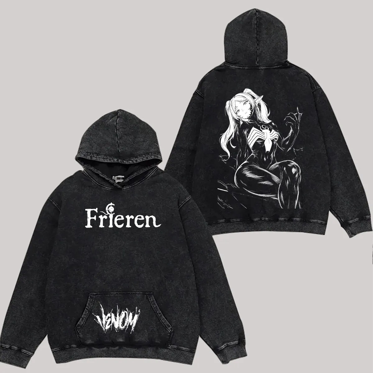 Frieren x Venom Printed Unisex Washed Hoodie