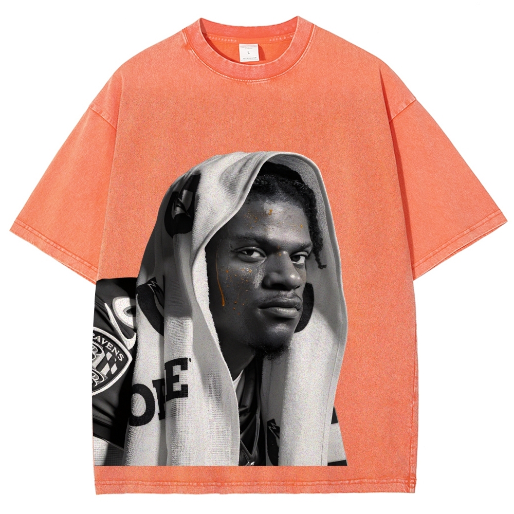 RAVENS Lamar Jackson Vintage Style Unisex-Adult Oversized Washed Cotton T-Shirt 