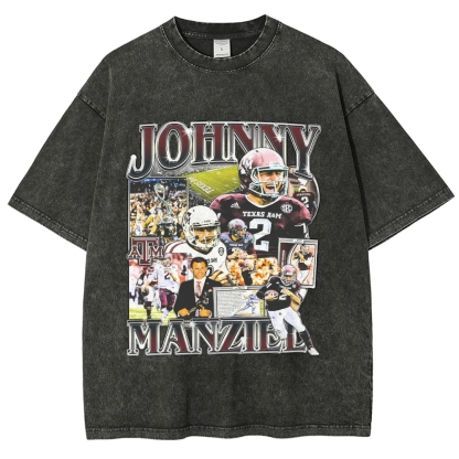 Vintage Style Unisex-Adult Oversized Washed Cotton T-Shirt Graphic JOHNNY MANZIEL TEE