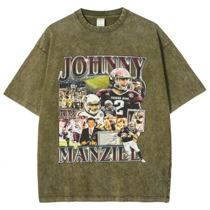 Vintage Style Unisex-Adult Oversized Washed Cotton T-Shirt Graphic JOHNNY MANZIEL TEE