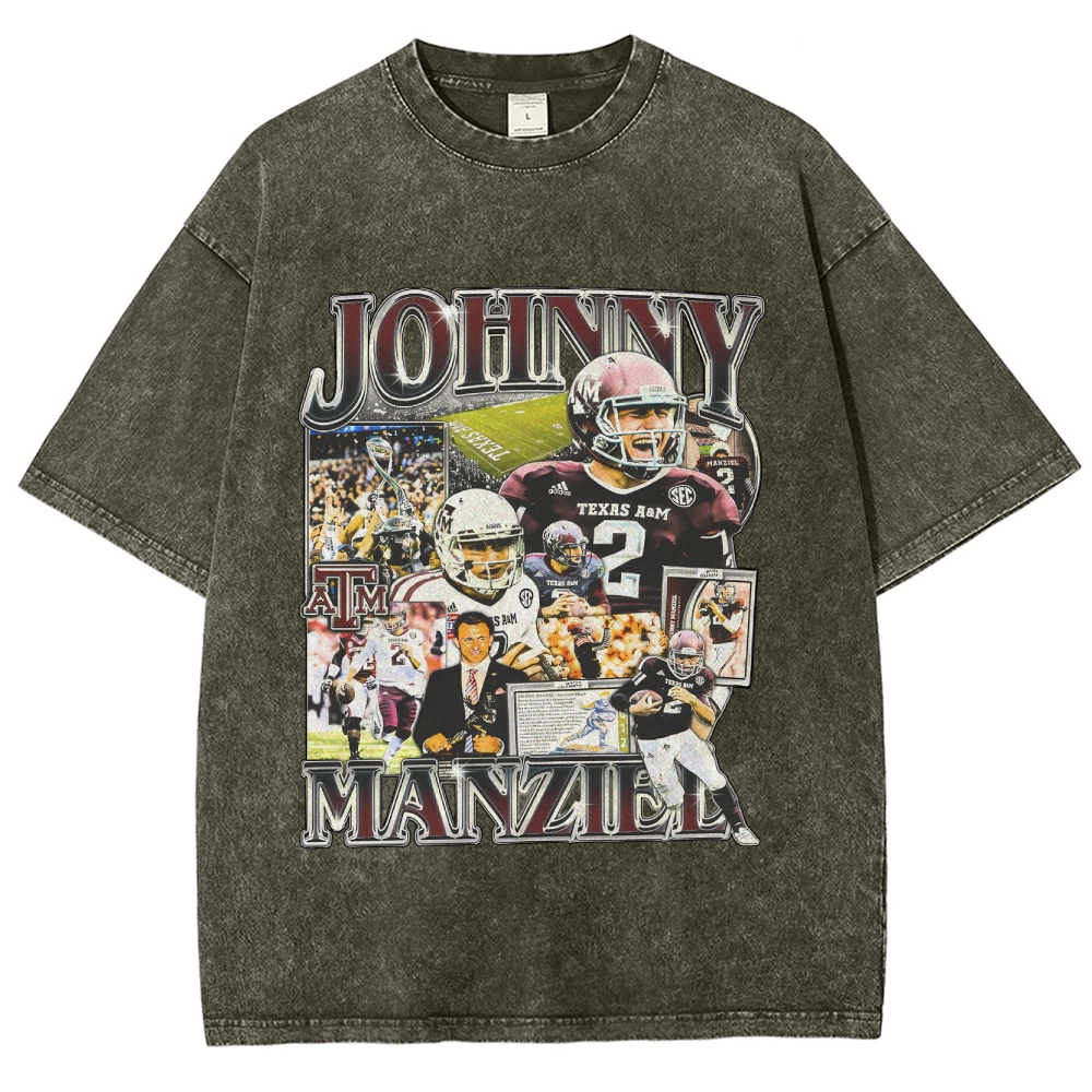 Vintage Style Unisex-Adult Oversized Washed Cotton T-Shirt Graphic JOHNNY MANZIEL TEE