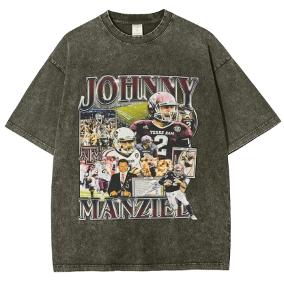 Vintage Style Unisex-Adult Oversized Washed Cotton T-Shirt Graphic JOHNNY MANZIEL TEE