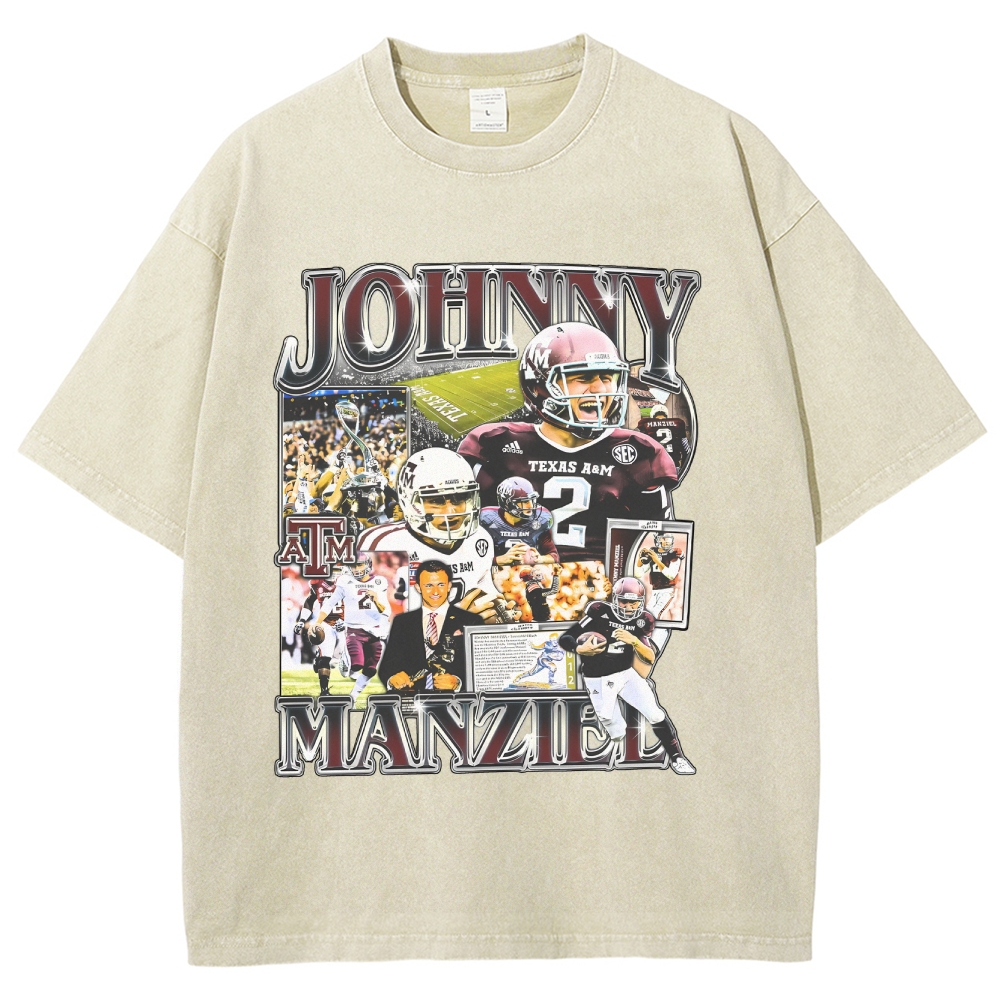 Vintage Style Unisex-Adult Oversized Washed Cotton T-Shirt Graphic JOHNNY MANZIEL TEE