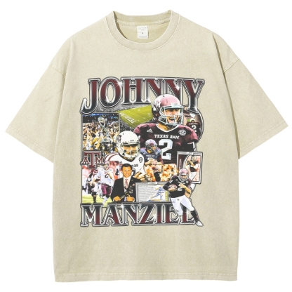 Vintage Style Unisex-Adult Oversized Washed Cotton T-Shirt Graphic JOHNNY MANZIEL TEE