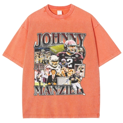 Vintage Style Unisex-Adult Oversized Washed Cotton T-Shirt Graphic JOHNNY MANZIEL TEE