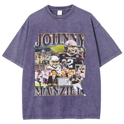 Vintage Style Unisex-Adult Oversized Washed Cotton T-Shirt Graphic JOHNNY MANZIEL TEE