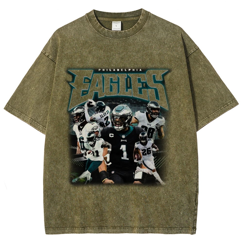 Vintage Style Unisex-Adult Oversized Washed Cotton T-Shirt Graphic EAGLES TEE