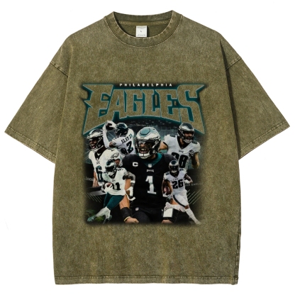Vintage Style Unisex-Adult Oversized Washed Cotton T-Shirt Graphic EAGLES TEE