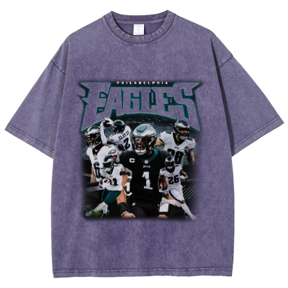 Vintage Style Unisex-Adult Oversized Washed Cotton T-Shirt Graphic EAGLES TEE