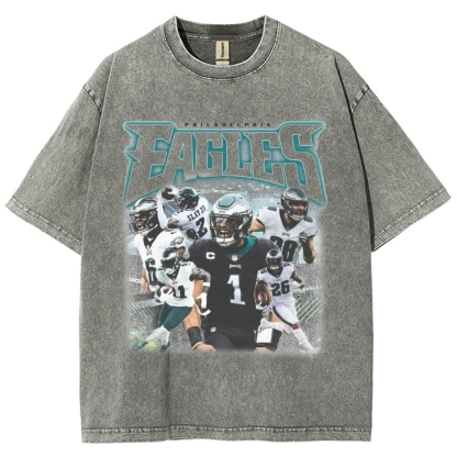 Vintage Style Unisex-Adult Oversized Washed Cotton T-Shirt Graphic EAGLES TEE