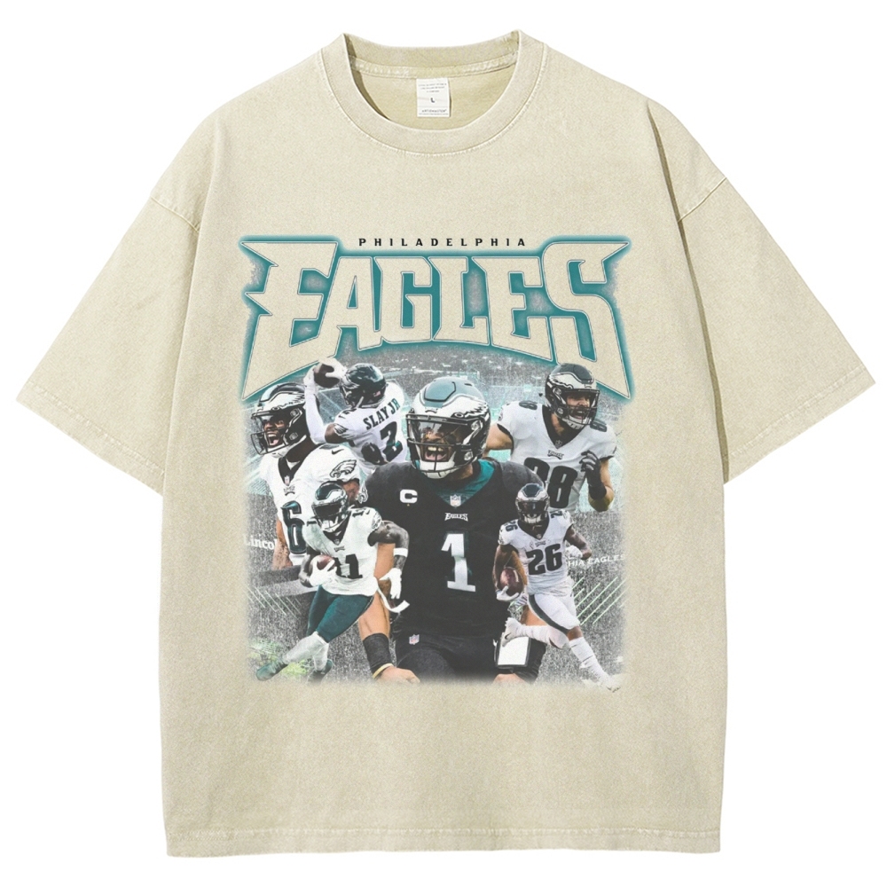 Vintage Style Unisex-Adult Oversized Washed Cotton T-Shirt Graphic EAGLES TEE