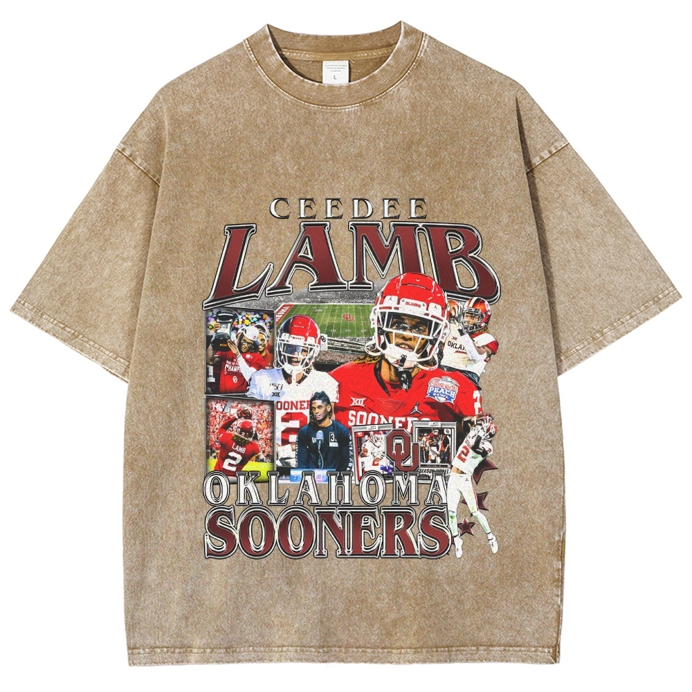 Vintage Style Unisex-Adult Oversized Washed Cotton T-Shirt Graphic CEEDEE LAMB - OKLAHOMA TEE