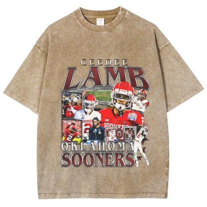 Vintage Style Unisex-Adult Oversized Washed Cotton T-Shirt Graphic CEEDEE LAMB - OKLAHOMA TEE