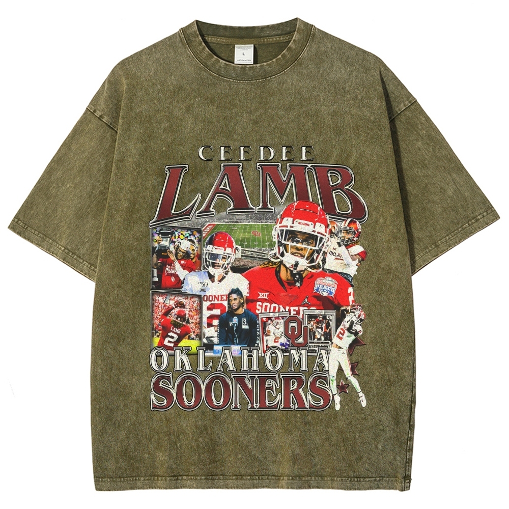 Vintage Style Unisex-Adult Oversized Washed Cotton T-Shirt Graphic CEEDEE LAMB - OKLAHOMA TEE