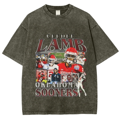 Vintage Style Unisex-Adult Oversized Washed Cotton T-Shirt Graphic CEEDEE LAMB - OKLAHOMA TEE