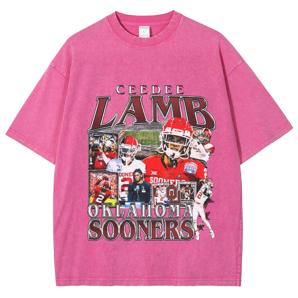 Vintage Style Unisex-Adult Oversized Washed Cotton T-Shirt Graphic CEEDEE LAMB - OKLAHOMA TEE