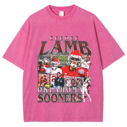 Vintage Style Unisex-Adult Oversized Washed Cotton T-Shirt Graphic CEEDEE LAMB - OKLAHOMA TEE