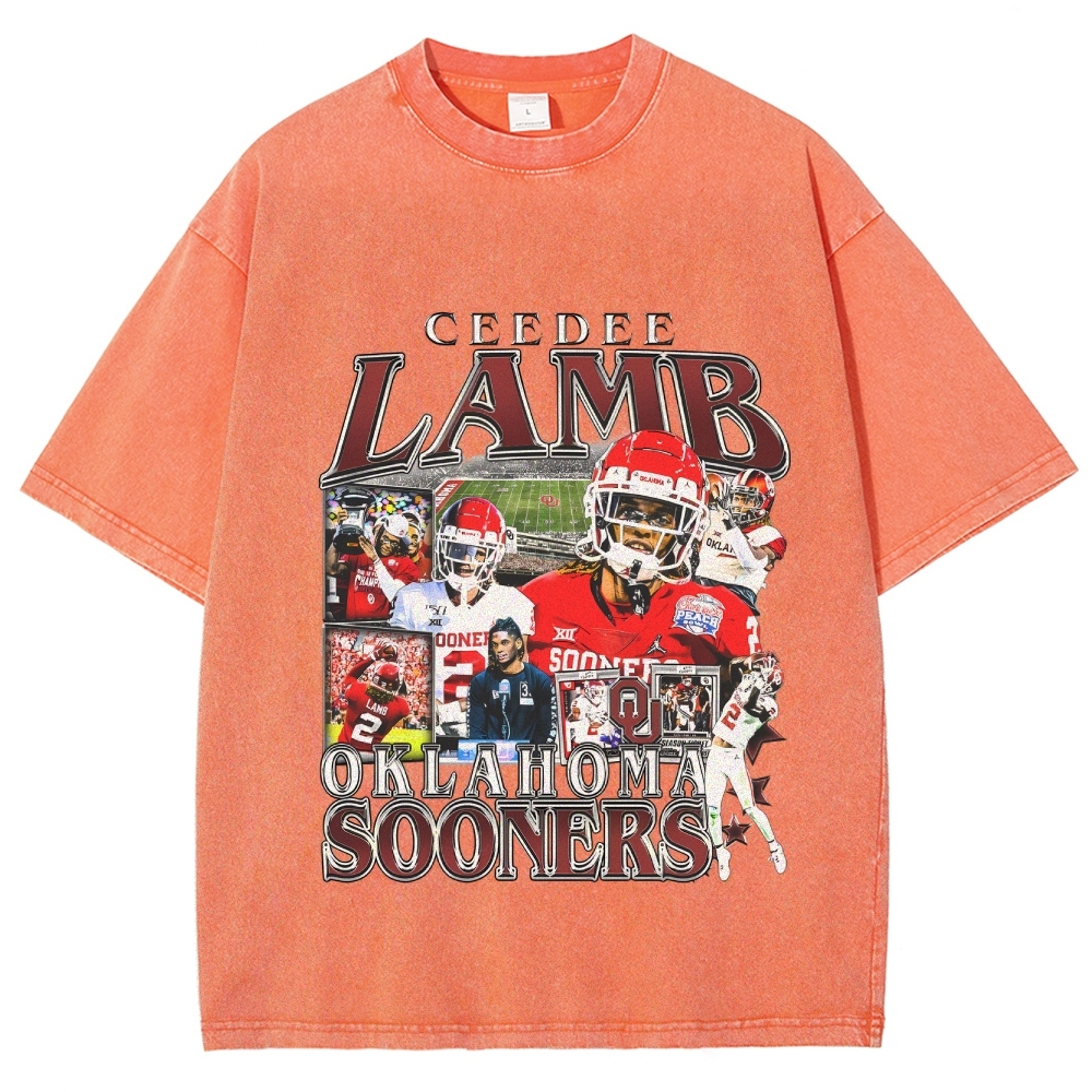 Vintage Style Unisex-Adult Oversized Washed Cotton T-Shirt Graphic CEEDEE LAMB - OKLAHOMA TEE