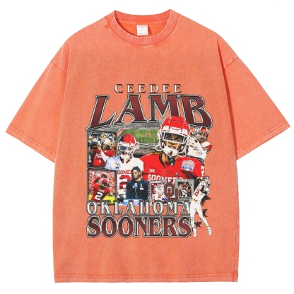 Vintage Style Unisex-Adult Oversized Washed Cotton T-Shirt Graphic CEEDEE LAMB - OKLAHOMA TEE