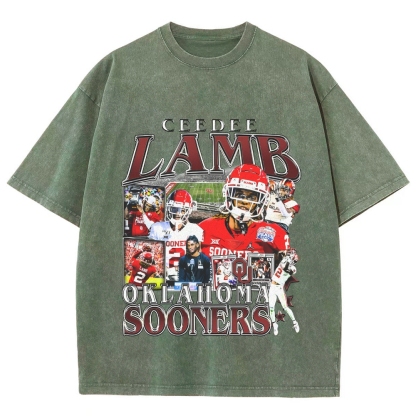 Vintage Style Unisex-Adult Oversized Washed Cotton T-Shirt Graphic CEEDEE LAMB - OKLAHOMA TEE