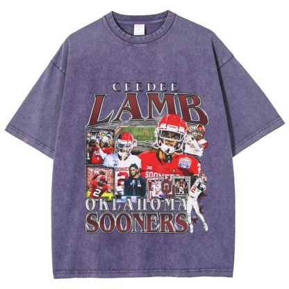 Vintage Style Unisex-Adult Oversized Washed Cotton T-Shirt Graphic CEEDEE LAMB - OKLAHOMA TEE