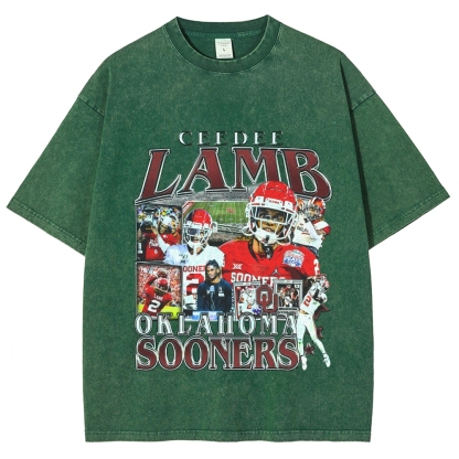 Vintage Style Unisex-Adult Oversized Washed Cotton T-Shirt Graphic CEEDEE LAMB - OKLAHOMA TEE