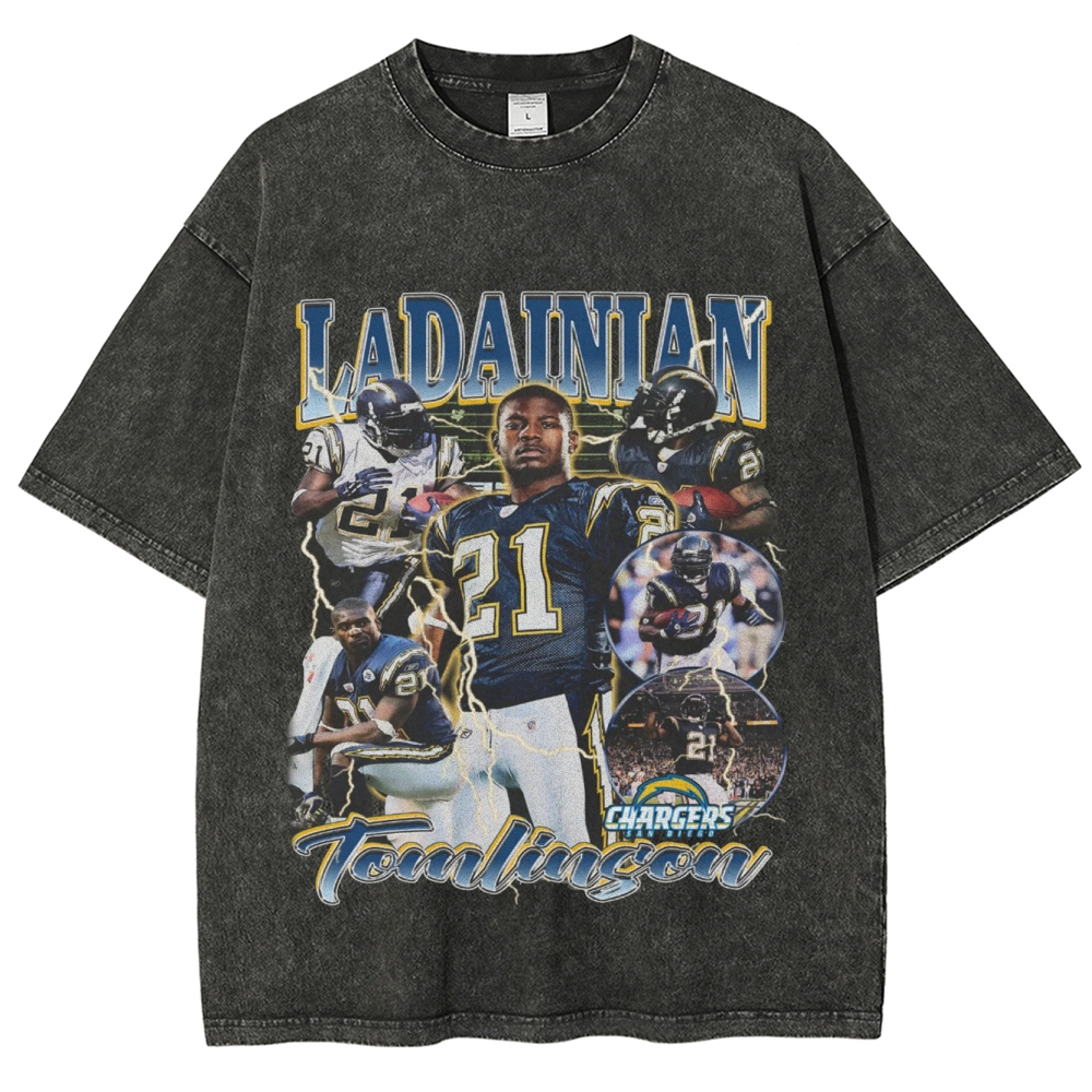 Vintage Style Unisex-Adult Oversized Washed Cotton T-Shirt Graphic LADAINIAN TOMLINSON TEE
