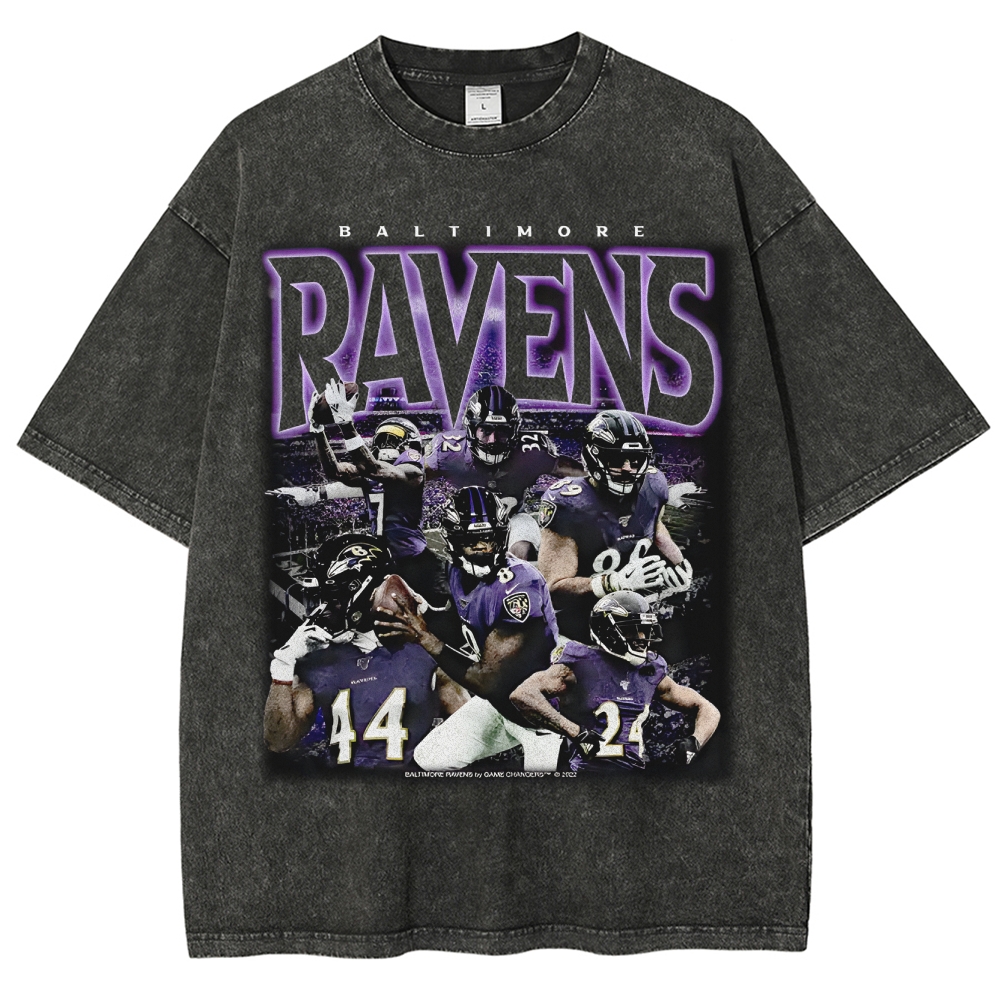 Vintage Style Unisex-Adult Oversized Washed Cotton T-Shirt Graphic RAVENS TEE