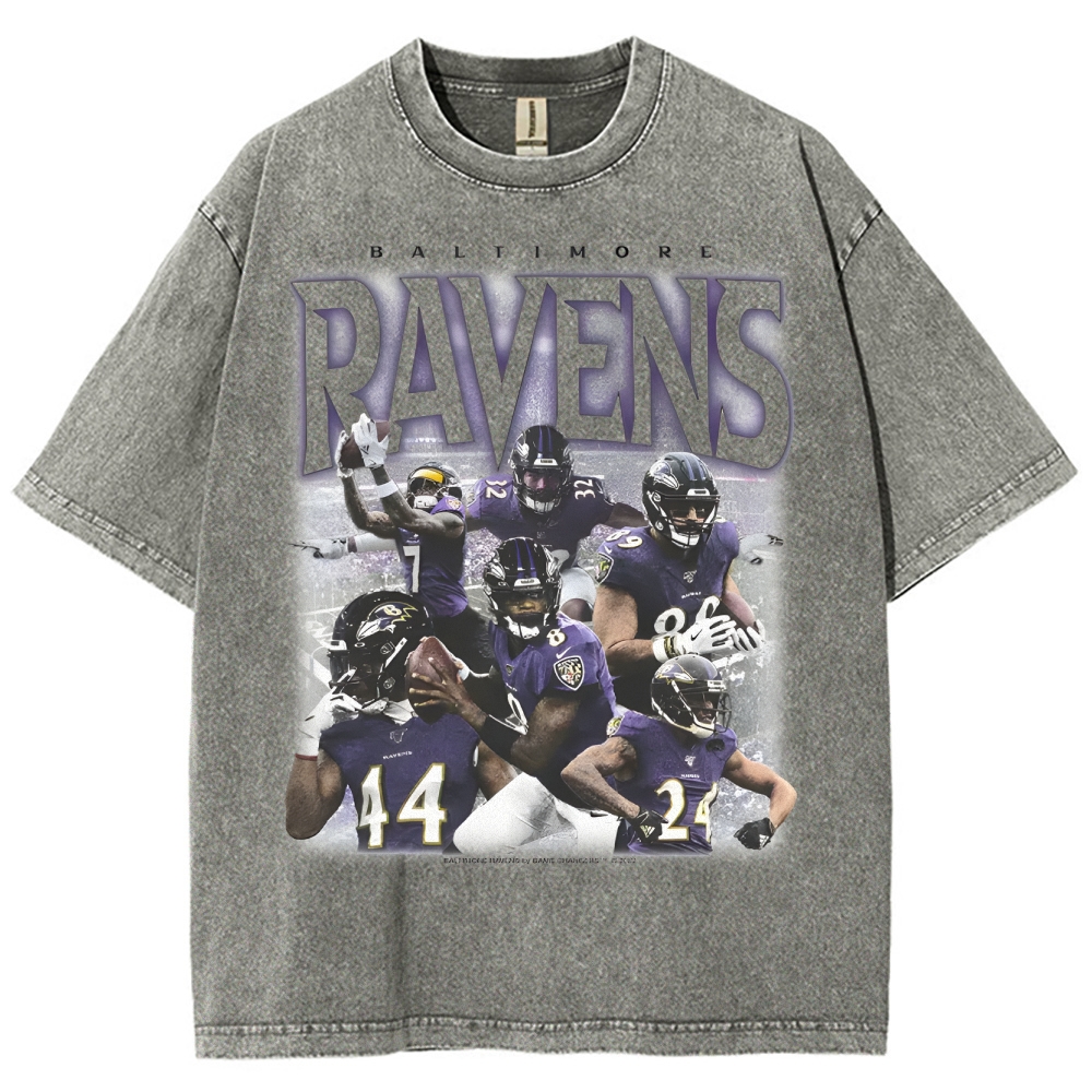 Vintage Style Unisex-Adult Oversized Washed Cotton T-Shirt Graphic RAVENS TEE