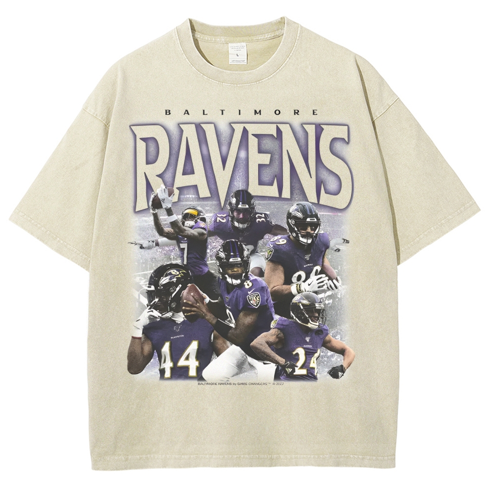 Vintage Style Unisex-Adult Oversized Washed Cotton T-Shirt Graphic RAVENS TEE