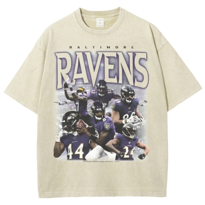 Vintage Style Unisex-Adult Oversized Washed Cotton T-Shirt Graphic RAVENS TEE