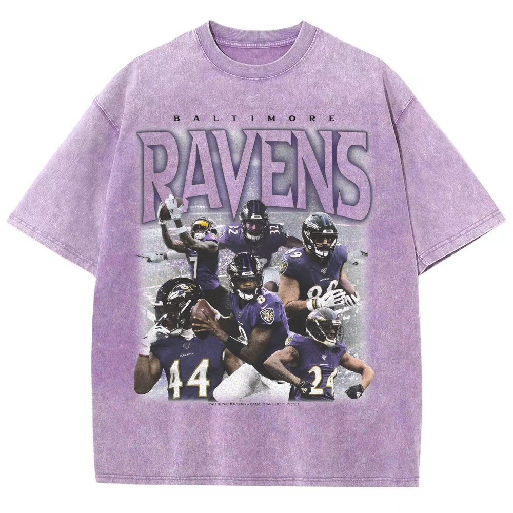 Vintage Style Unisex-Adult Oversized Washed Cotton T-Shirt Graphic RAVENS TEE