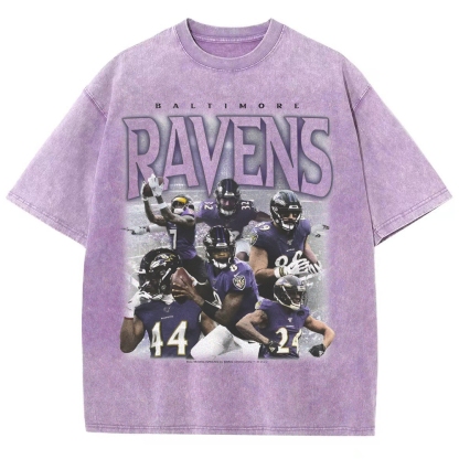 Vintage Style Unisex-Adult Oversized Washed Cotton T-Shirt Graphic RAVENS TEE