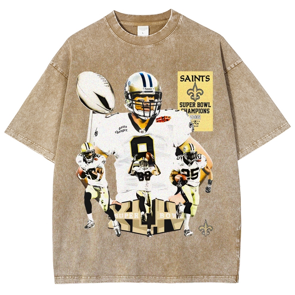 Vintage Style Unisex-Adult Oversized Washed Cotton T-Shirt Graphic SUPER BOWL XLIV CHAMPS - SAINTS TEE