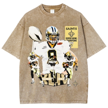 Vintage Style Unisex-Adult Oversized Washed Cotton T-Shirt Graphic SUPER BOWL XLIV CHAMPS - SAINTS TEE