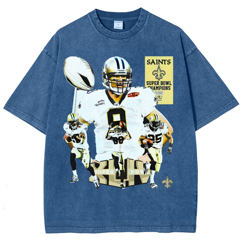 Vintage Style Unisex-Adult Oversized Washed Cotton T-Shirt Graphic SUPER BOWL XLIV CHAMPS - SAINTS TEE