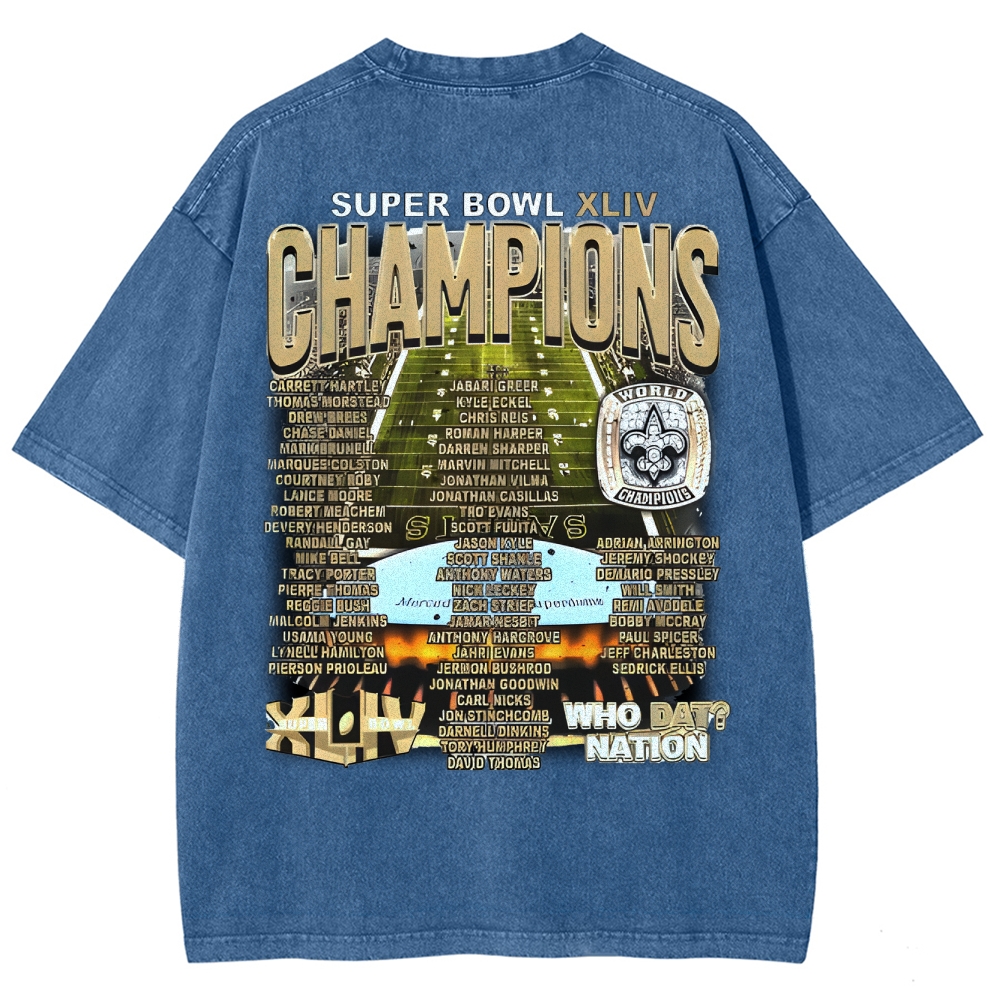 Vintage Style Unisex-Adult Oversized Washed Cotton T-Shirt Graphic SUPER BOWL XLIV CHAMPS - SAINTS TEE