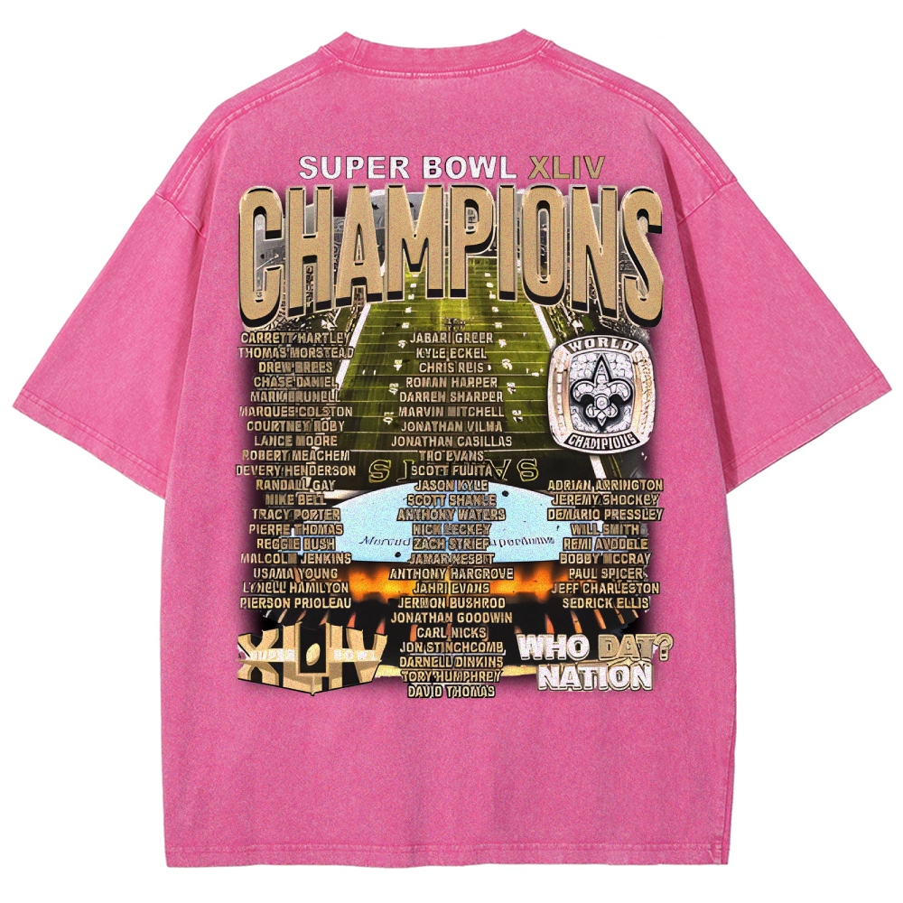 Vintage Style Unisex-Adult Oversized Washed Cotton T-Shirt Graphic SUPER BOWL XLIV CHAMPS - SAINTS TEE