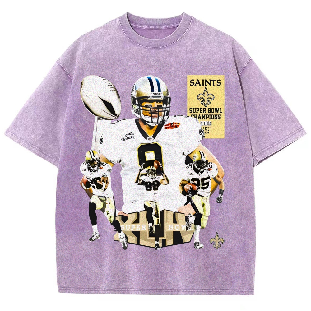 Vintage Style Unisex-Adult Oversized Washed Cotton T-Shirt Graphic SUPER BOWL XLIV CHAMPS - SAINTS TEE